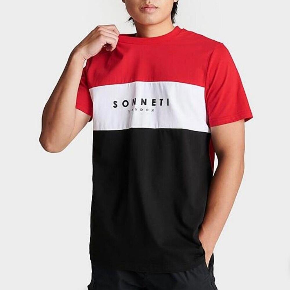 New SONNETI LONDON Men’s Capri Short Sleeve Tee T-Shirt Color Block Logo (M, L)